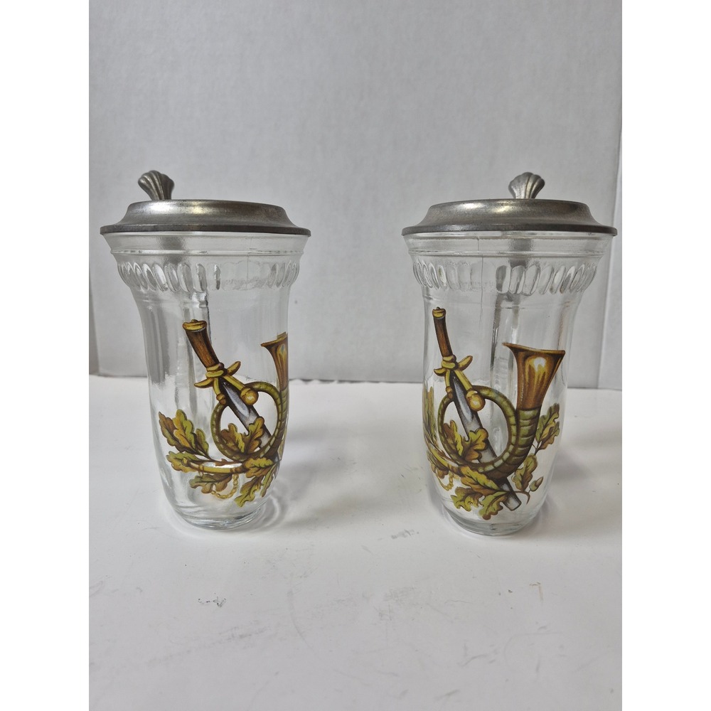 Vintage German Glass Horn Beer Steins with Pewter Lids Set of 2 Hunting Motif